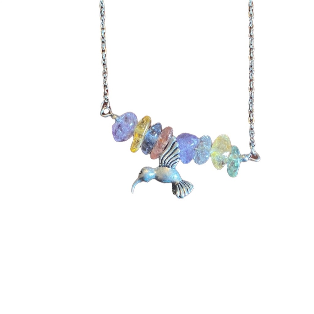 Hummingbird Silver Tone and Pastel Stone Necklace